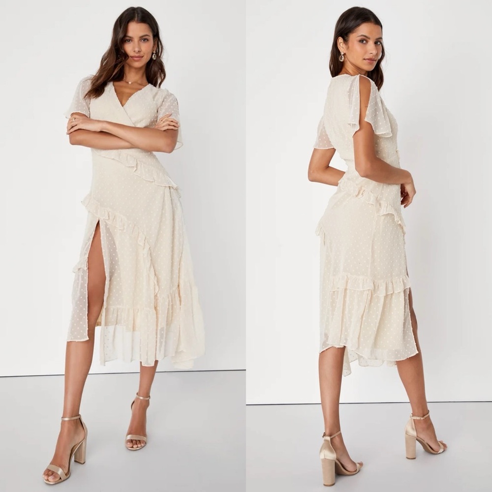 Lulus | Next to You Cream Swiss Dot Ruffled Midi Dress